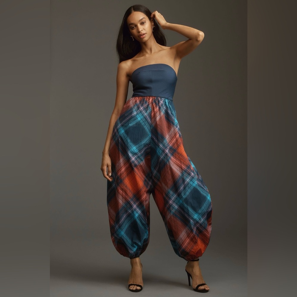 Maeve x Anthro Gathered Balloon Windbreaker Plaid Strapless Jumpsuit Small NWT